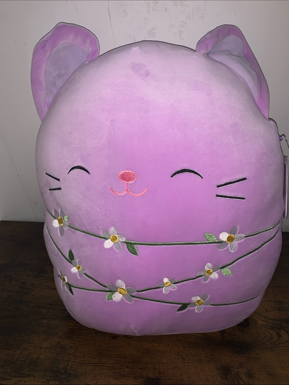 Squishmallows Lavender Cat Plush with Floral Embroidery - Pink Nose